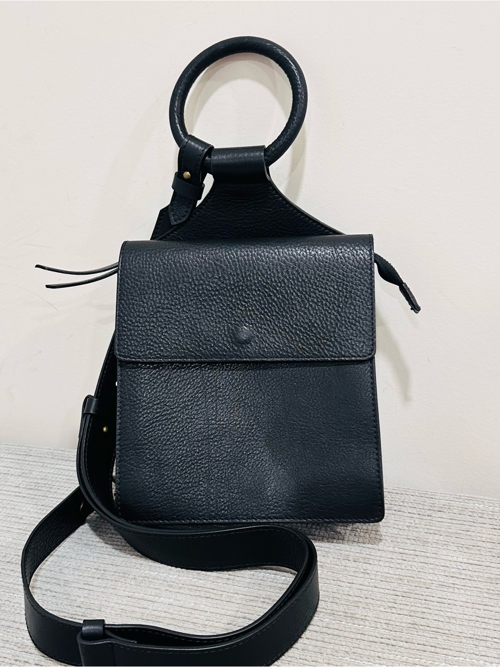 Sundance Catalog Black Leather Shema Slingback Crossbody Bag Ring Handle